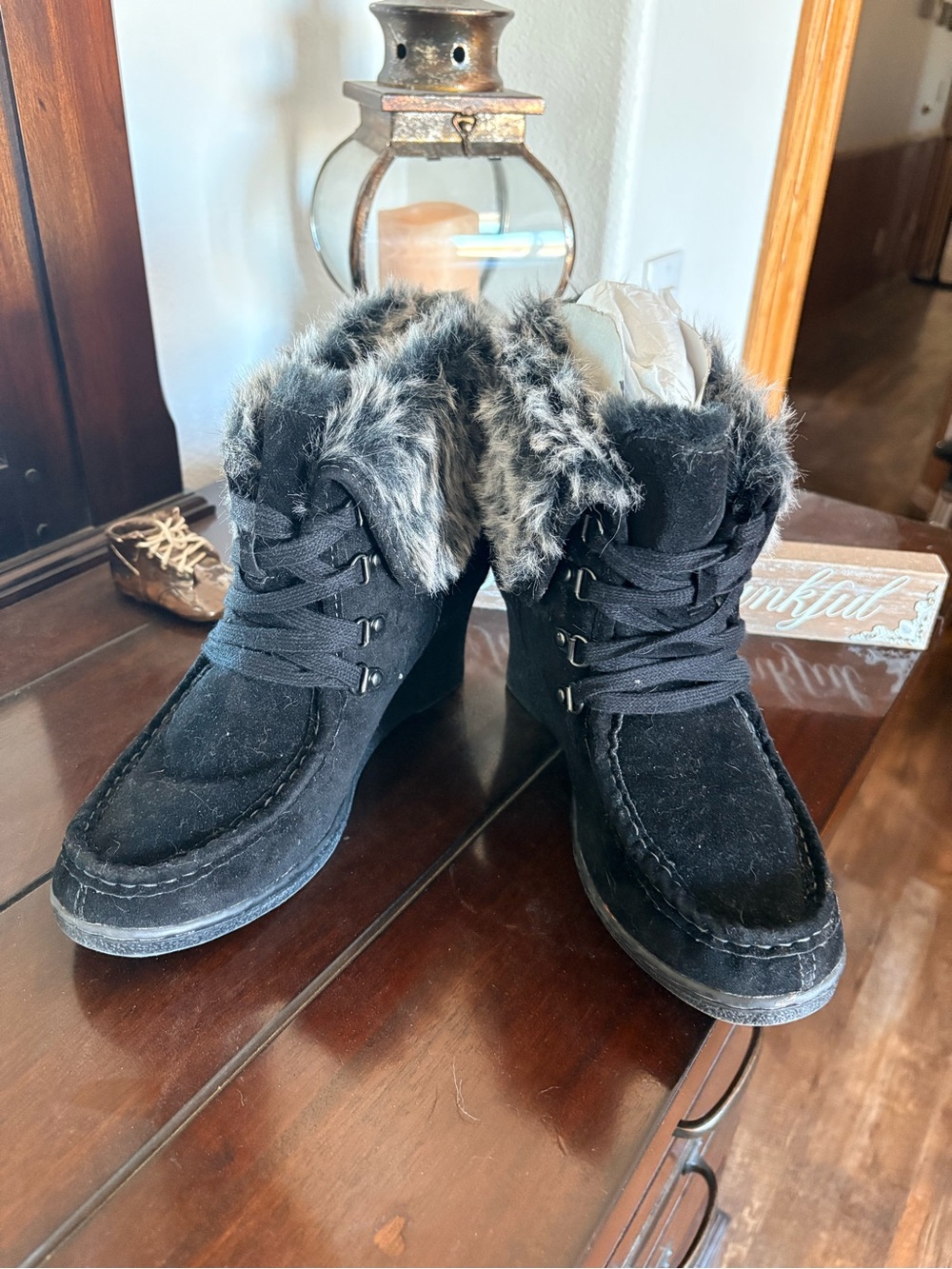 Hot Kiss Black Faux Suede Wedge Ankle Boots with Faux Fur Trim